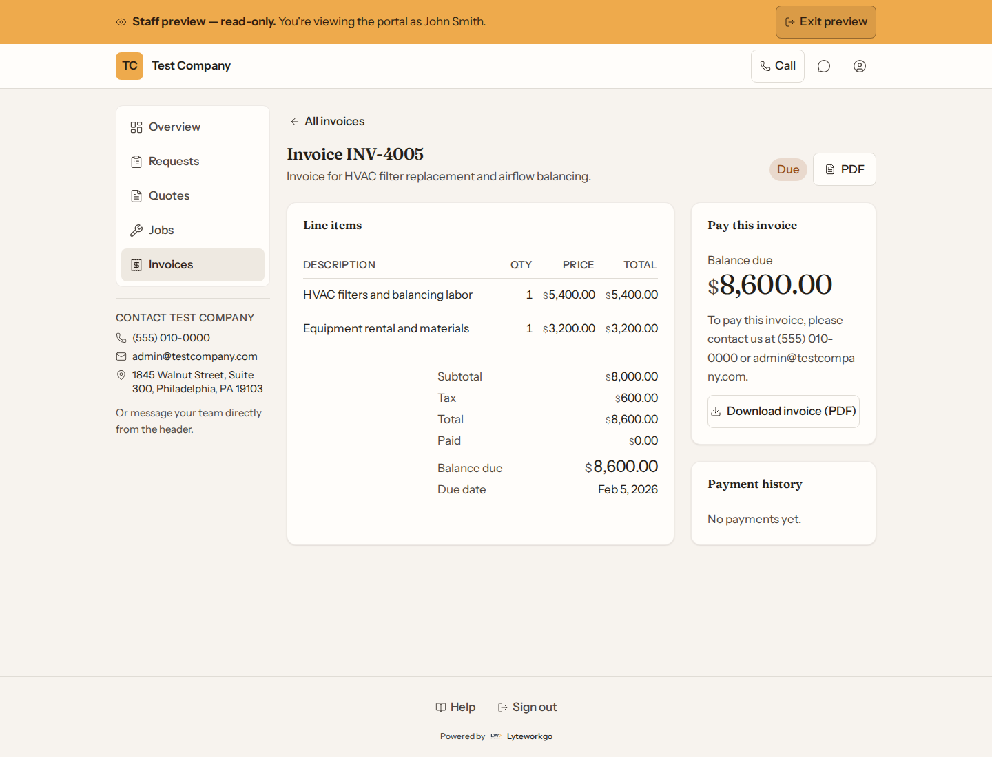 Customer portal invoice with line items, balance due, and download PDF