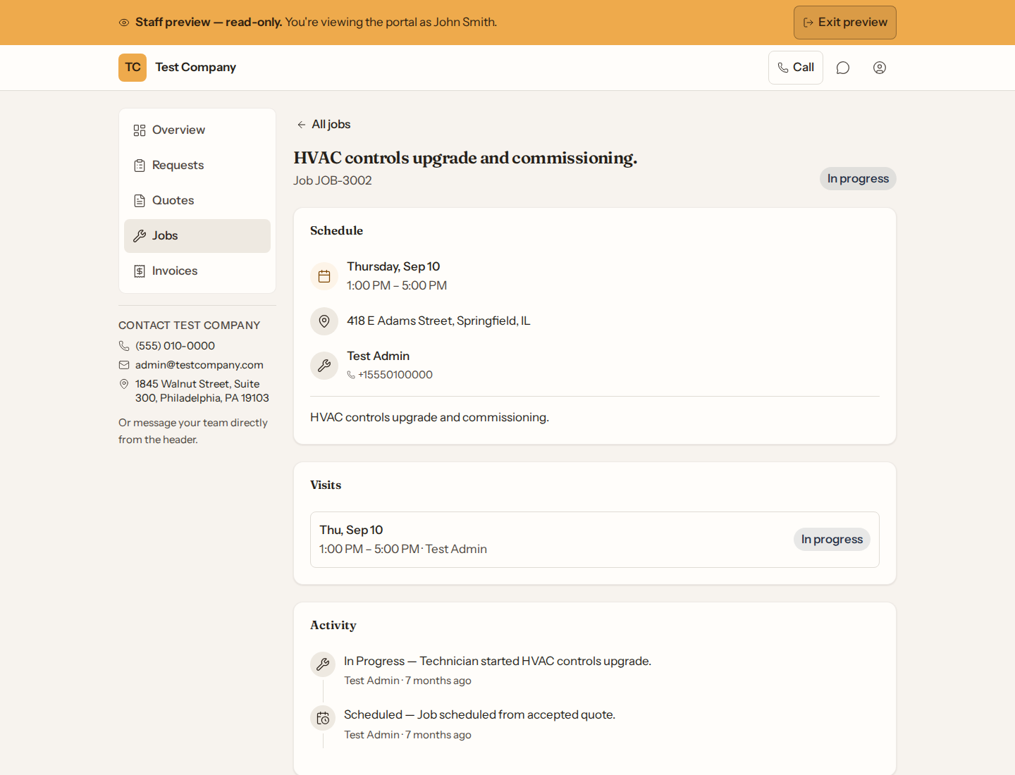 Customer portal job detail with schedule, address, technician, and In Progress status