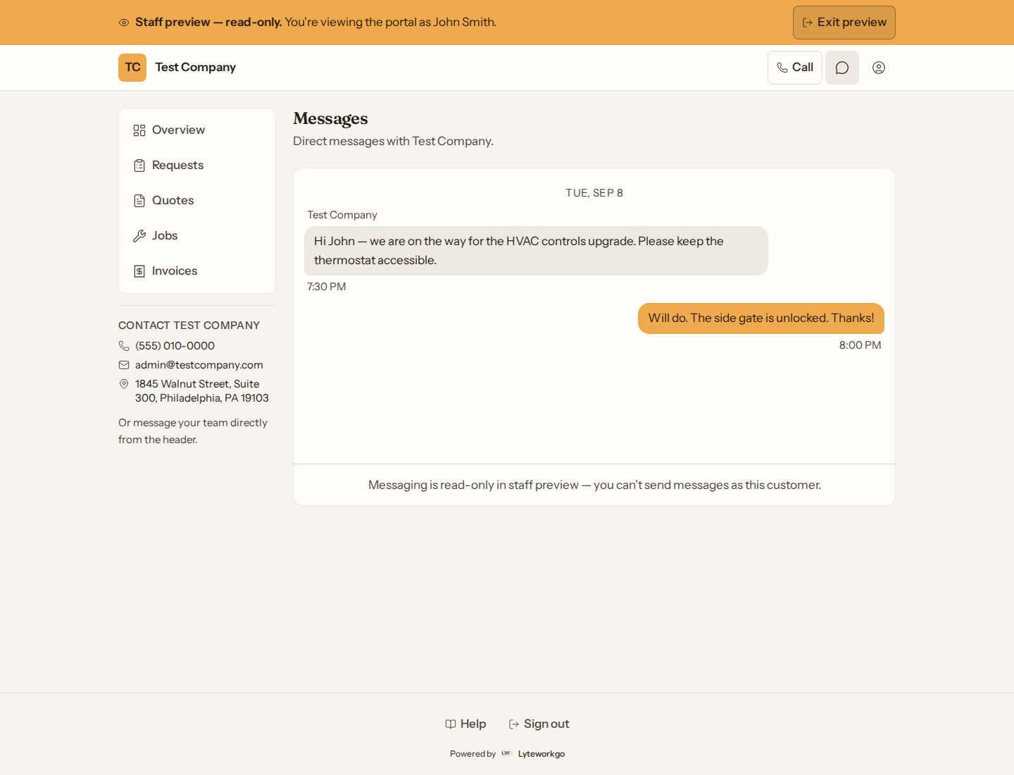 Customer portal Messages thread with incoming and outgoing chat bubbles