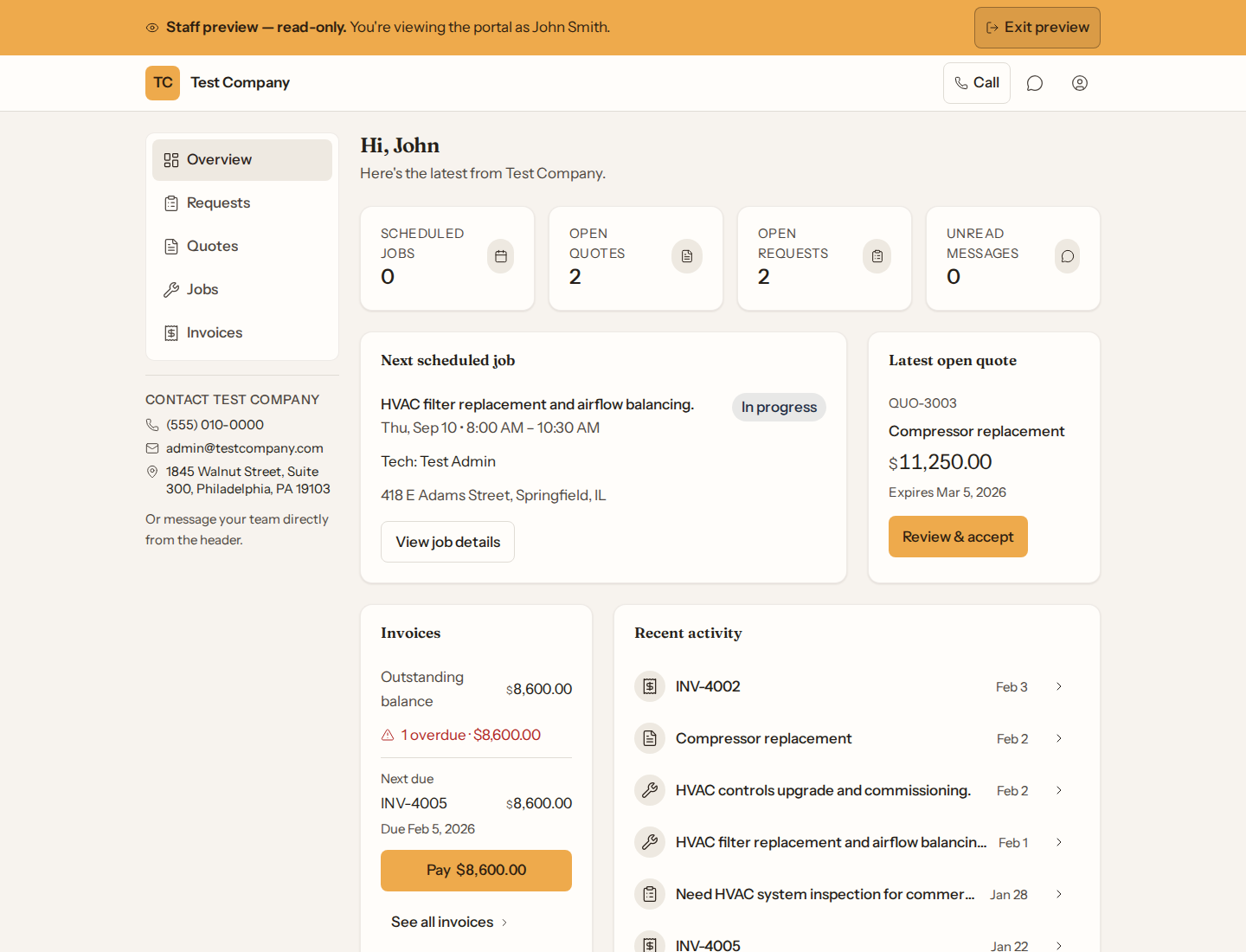 Customer portal overview with nav, summary cards, next job, quote, and invoice