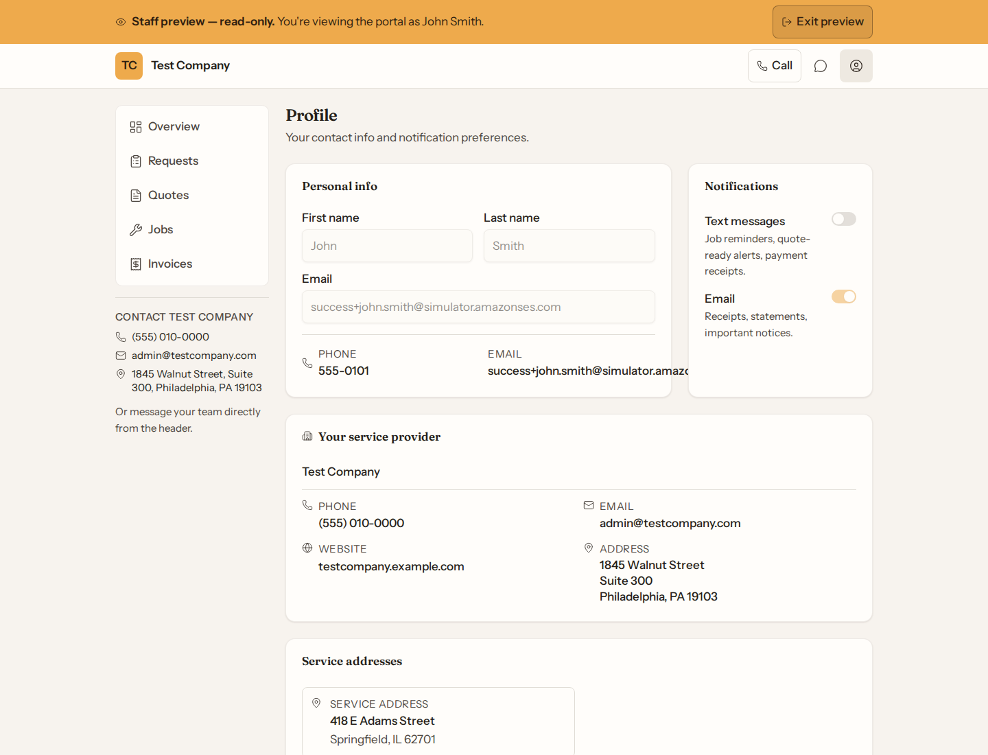 Customer portal Profile with name, email, and email/SMS notification toggles