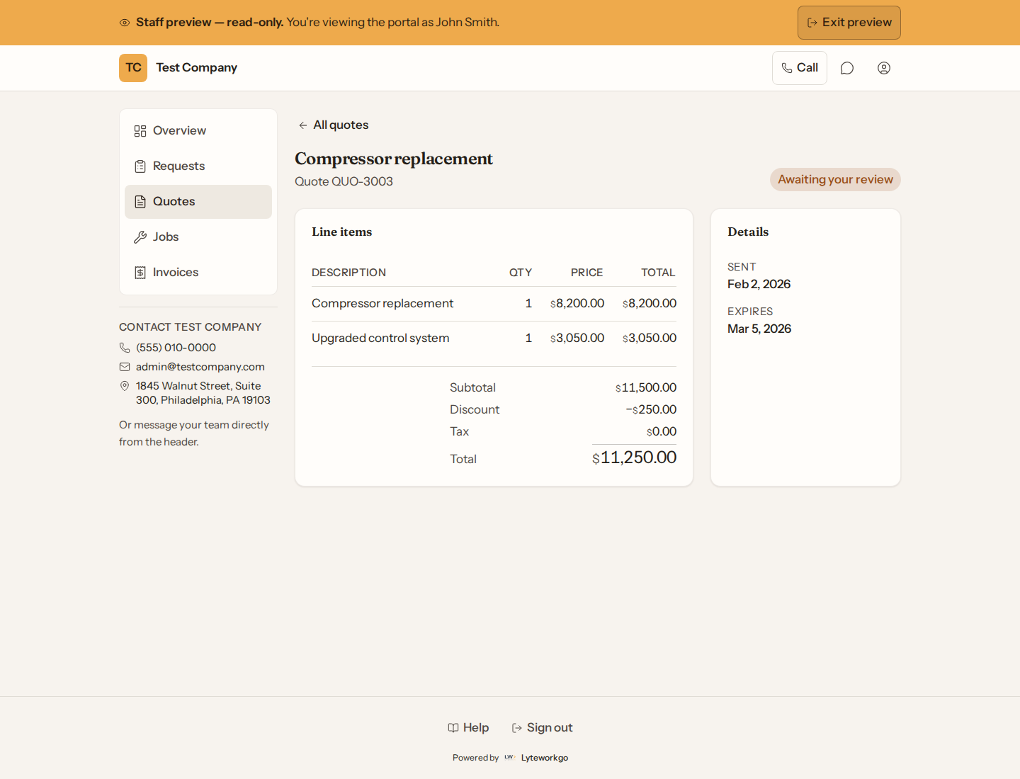 Customer portal quote with line items, totals, and dates