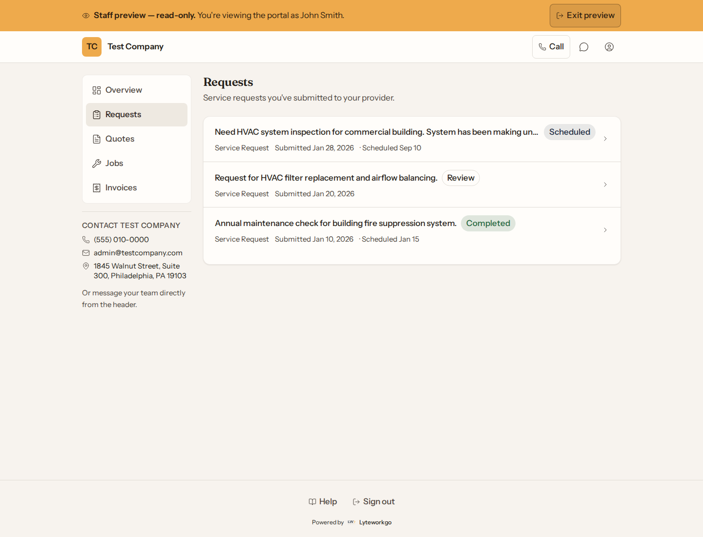 Customer portal Requests list with Scheduled, Review, and Completed statuses