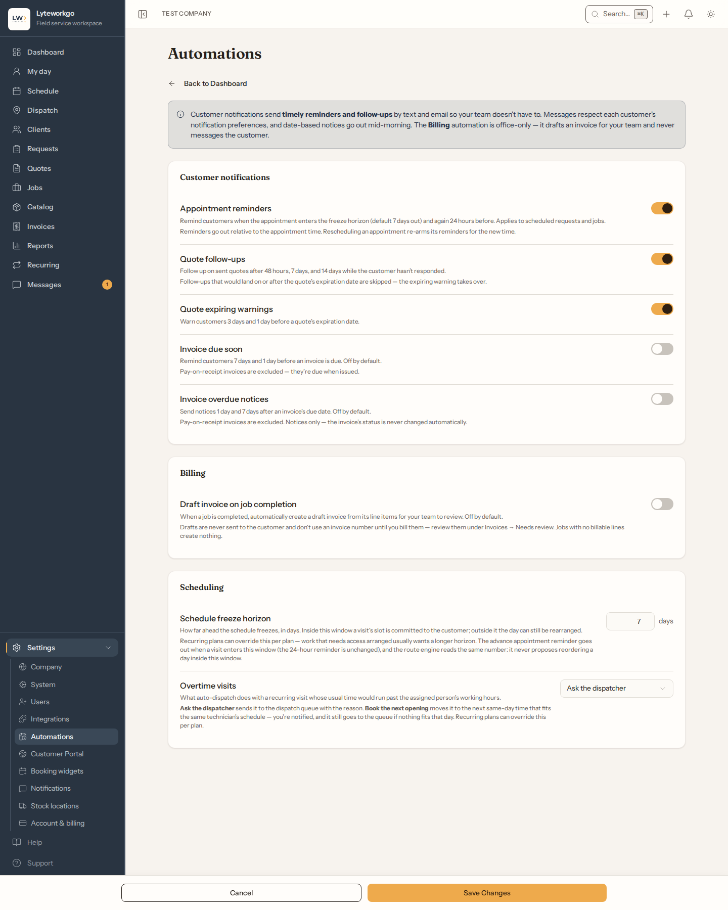 Automations edit mode with reminder toggles and Draft invoice on job completion