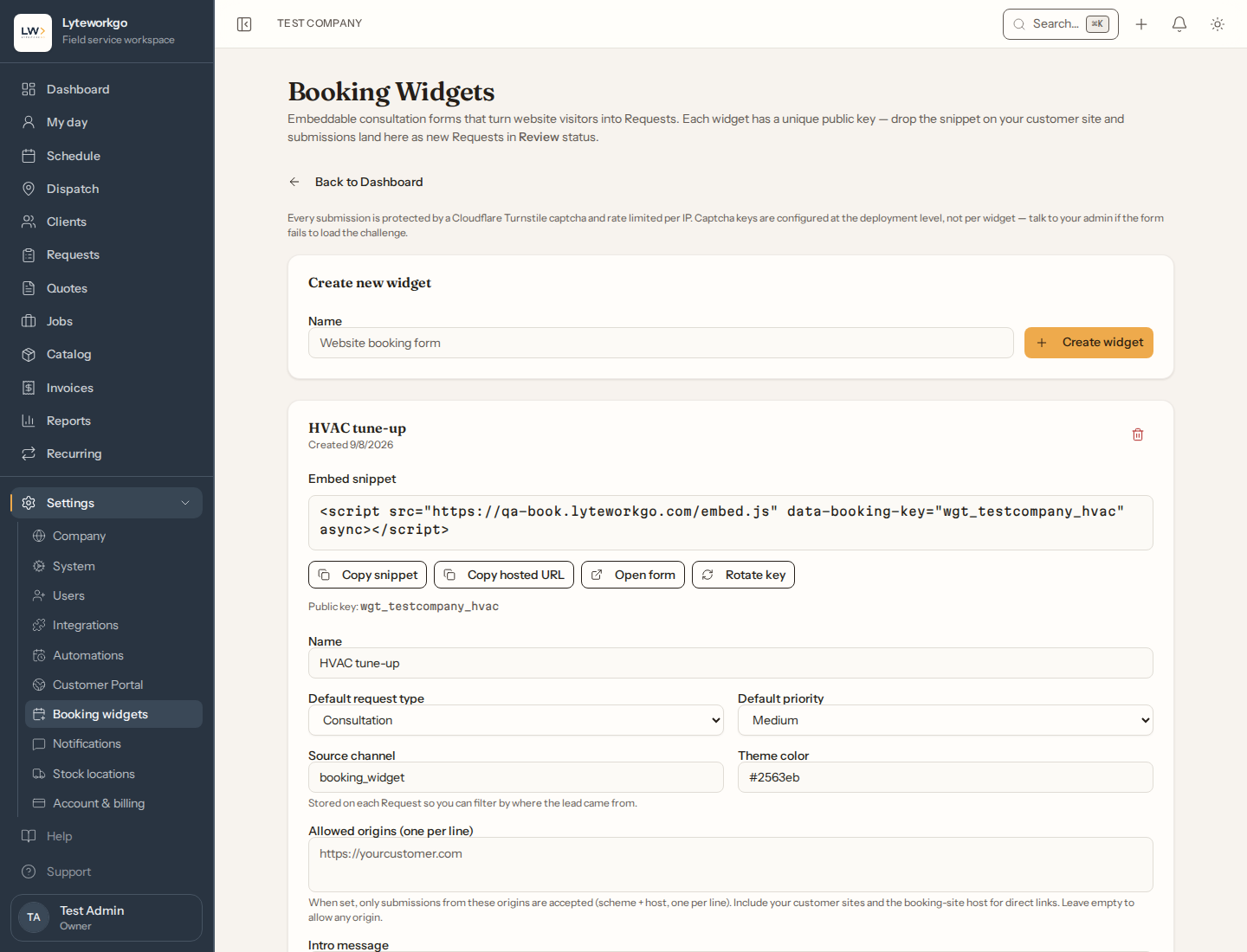 Booking widgets page with HVAC tune-up embed snippet and widget settings