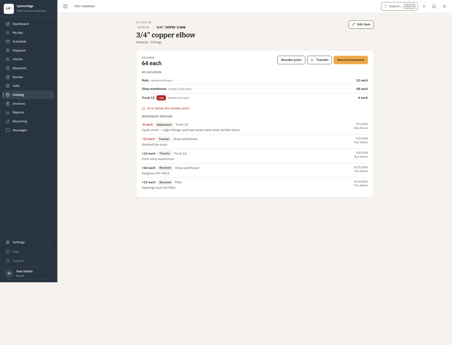 Catalog item stock page with on hand, by location, Transfer, and movement history