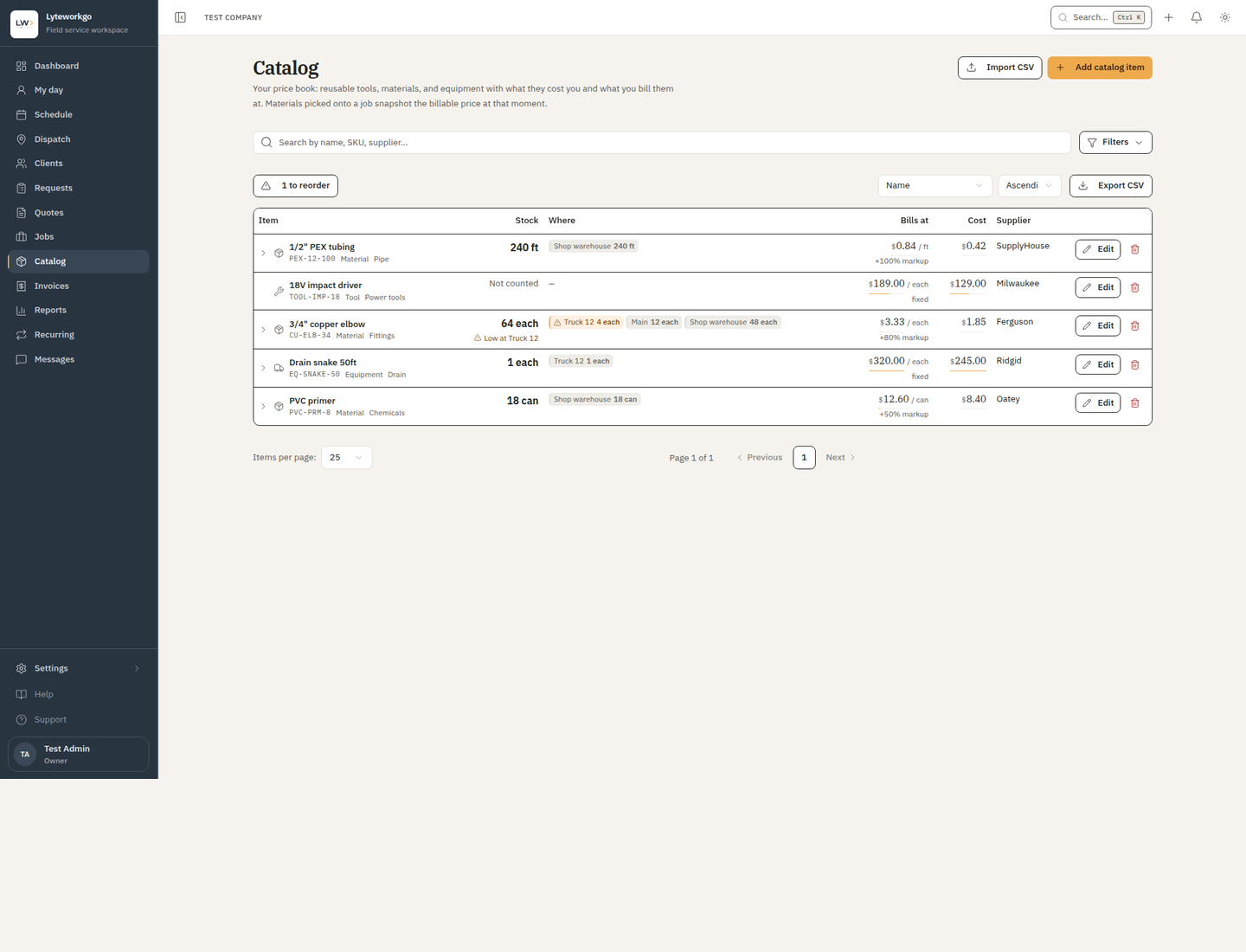 Catalog list of materials and tools with a Stock column, prices, and Add item