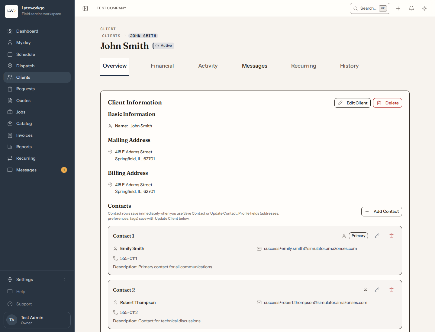 Client detail Overview tab for John Smith with contacts and related tabs