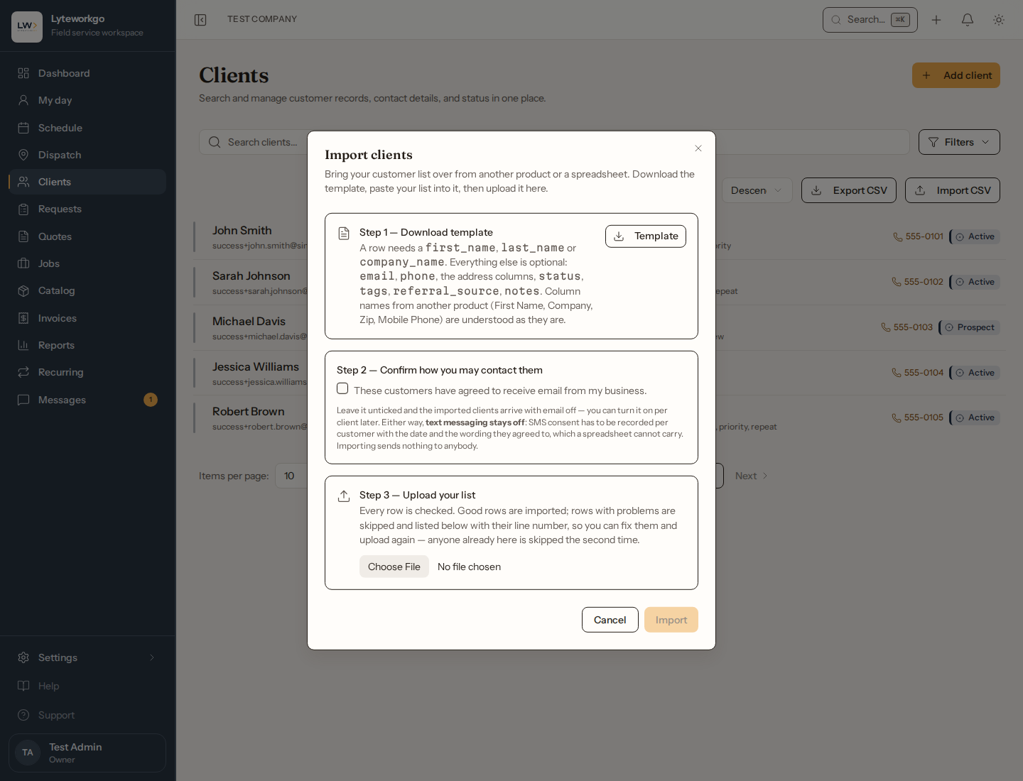 Import clients dialog with template download, consent checkbox, and file upload