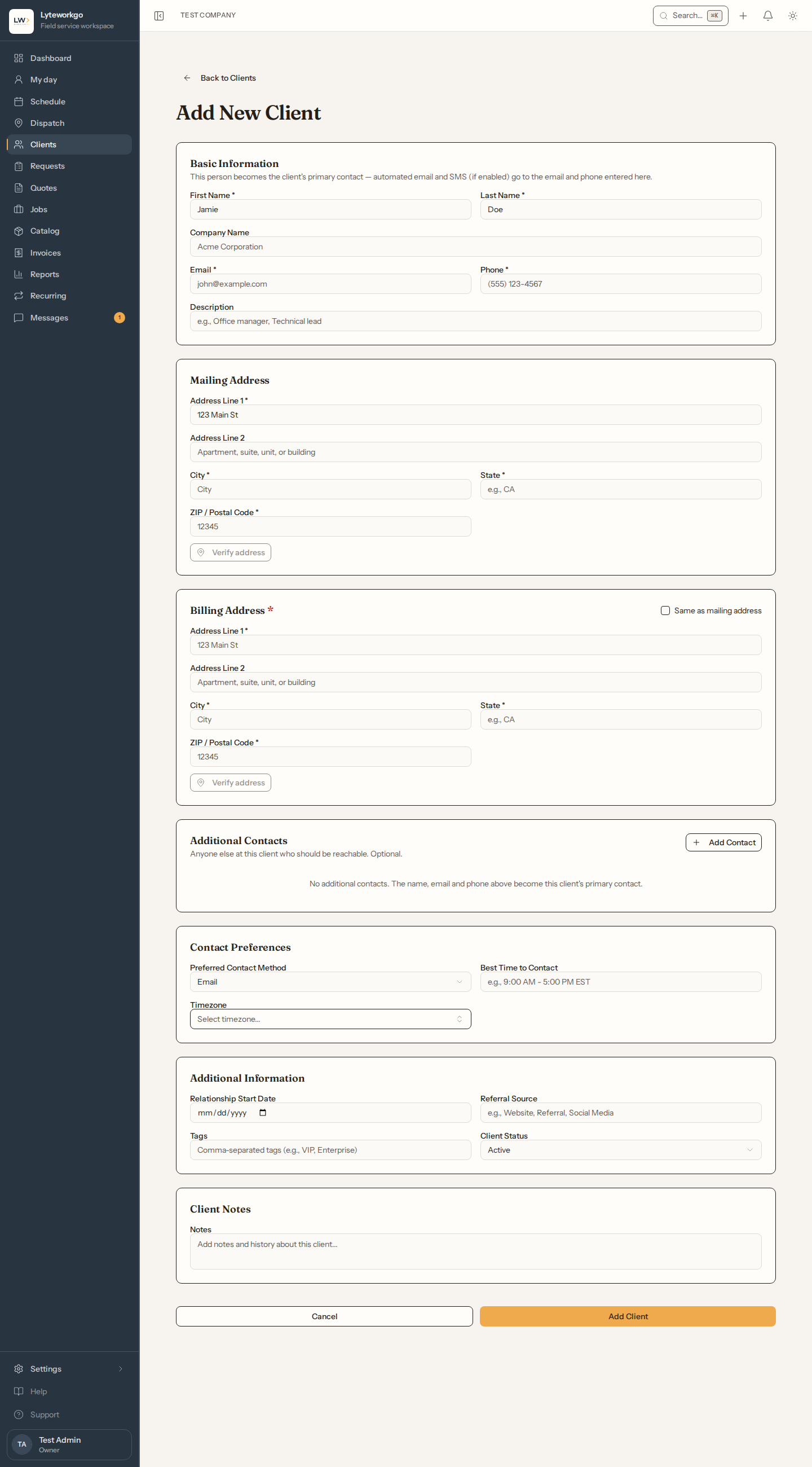 New Client form with name, contact, and mailing address fields