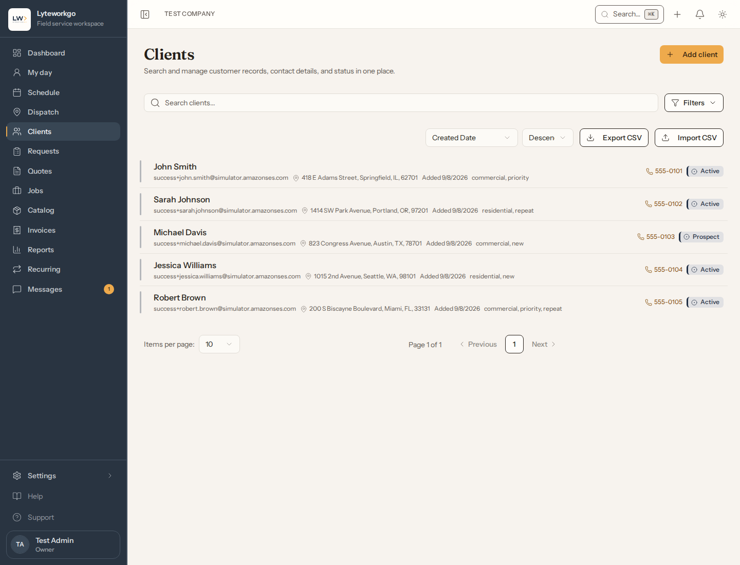 Clients list with search, filters, Add client, and customer cards