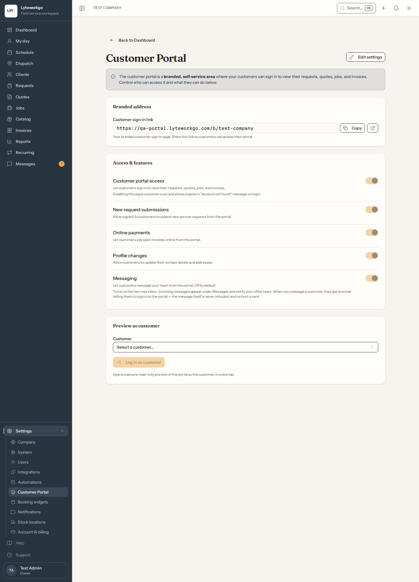 Customer Portal settings with feature toggles and Log in as customer preview