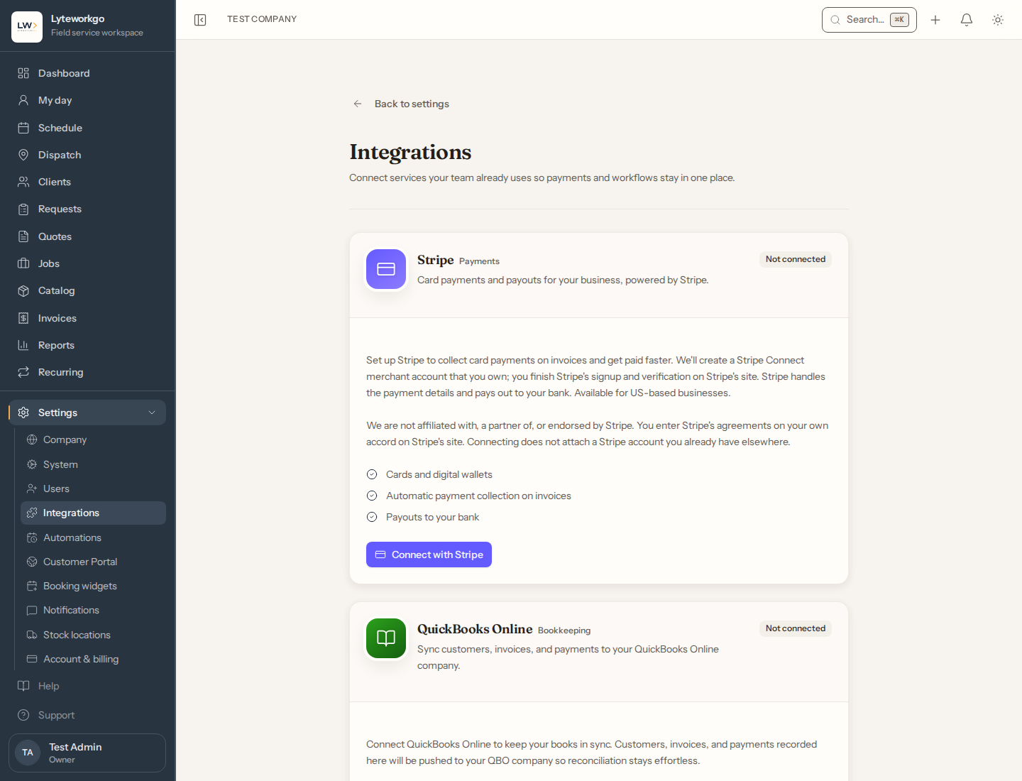 Integrations page showing Stripe Not connected and Connect with Stripe