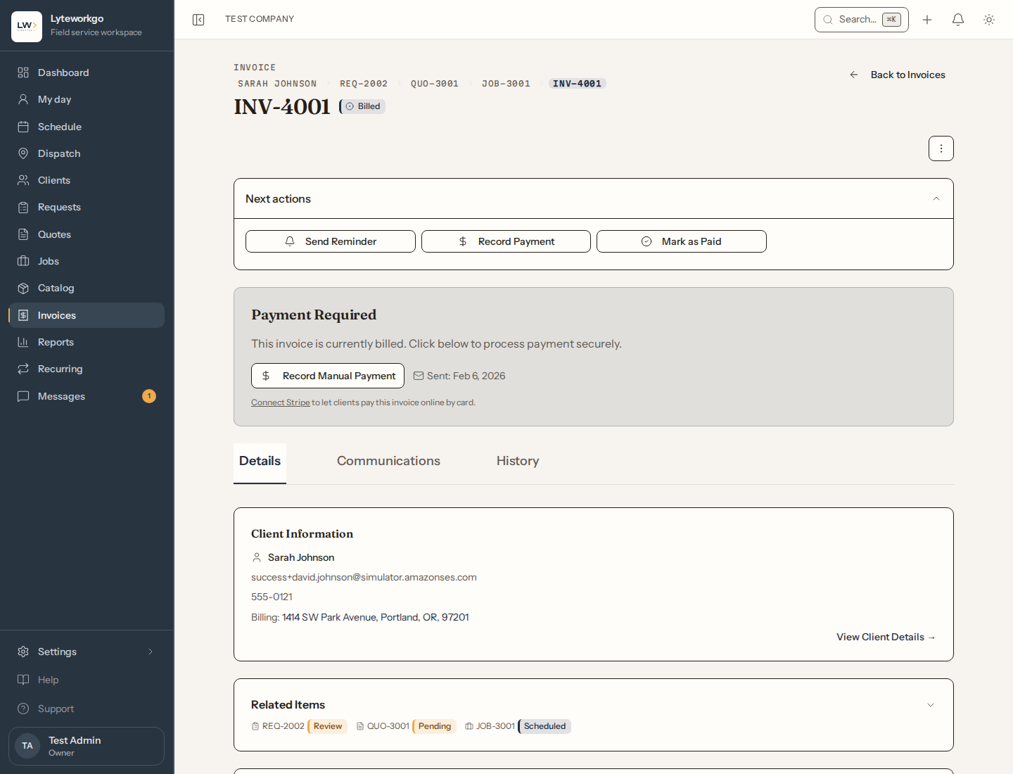 Billed invoice with Send Reminder, Record Payment, and Mark as Paid