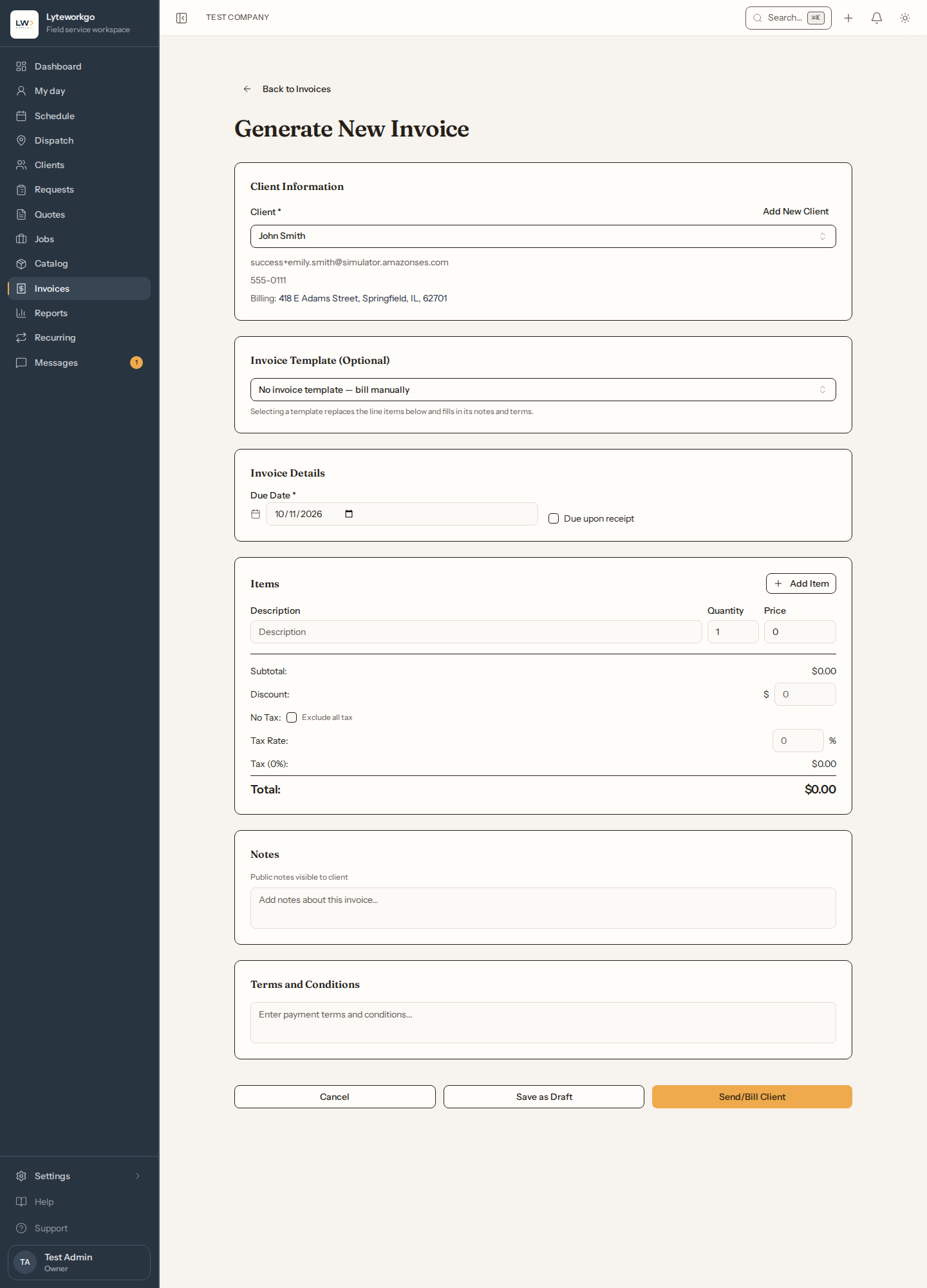 New Invoice form with line items, tax, and totals