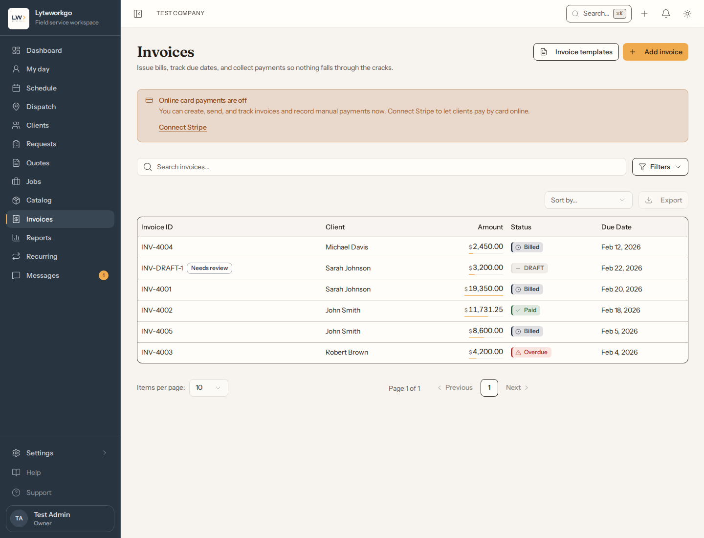 Invoices list with mixed statuses, Needs review draft, and Connect Stripe banner