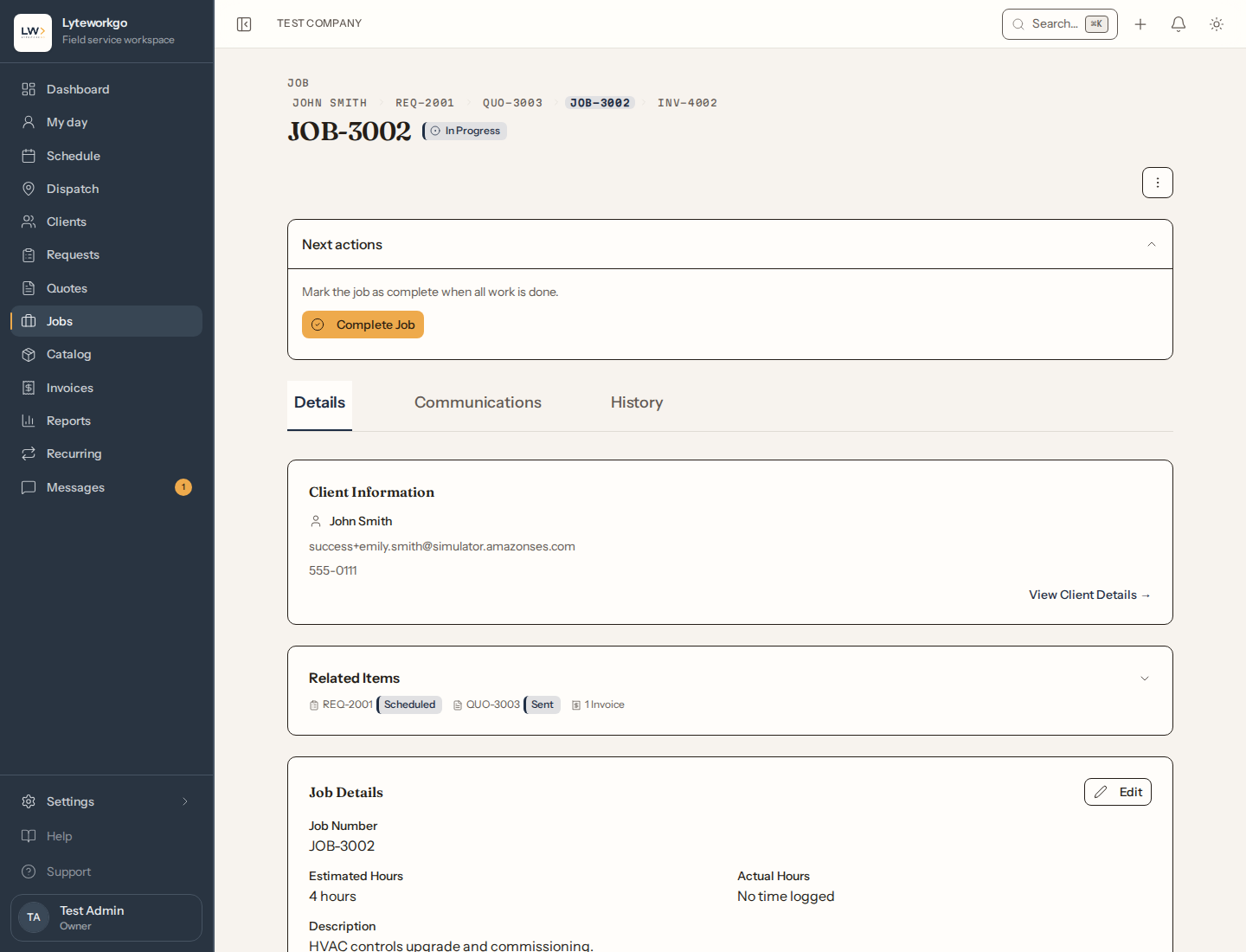 In-progress job with Complete Job as the next action