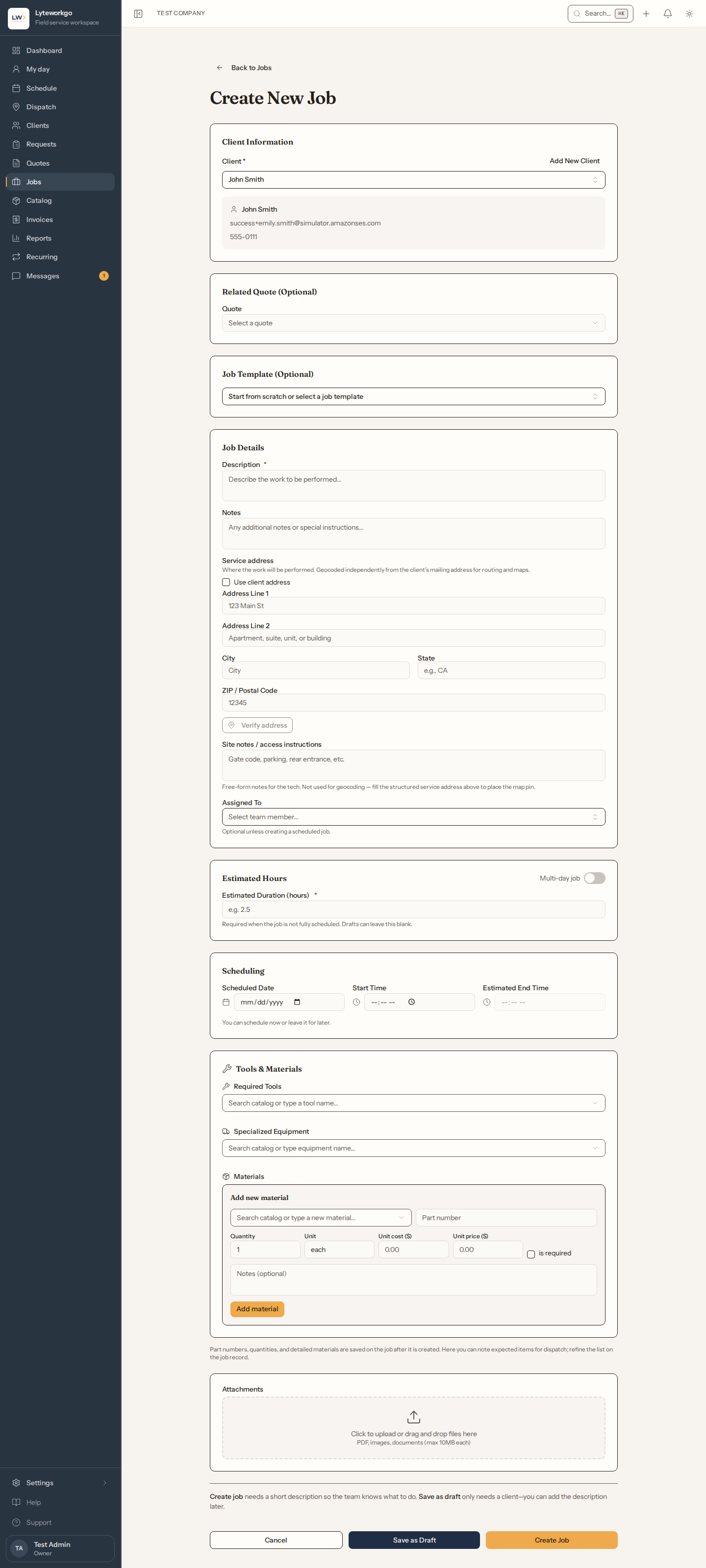 New Job form with client and create or draft actions
