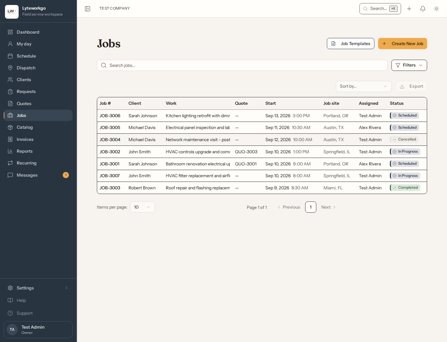 Jobs list with filters, Create New Job, and mixed statuses