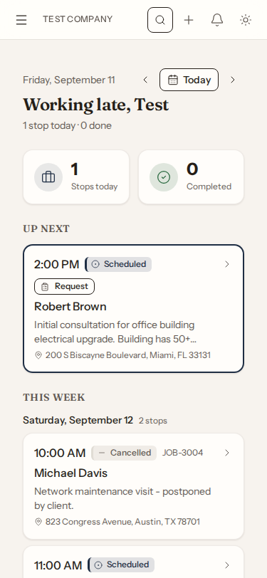 My day on a phone-sized screen with greeting, stat tiles, and Up next