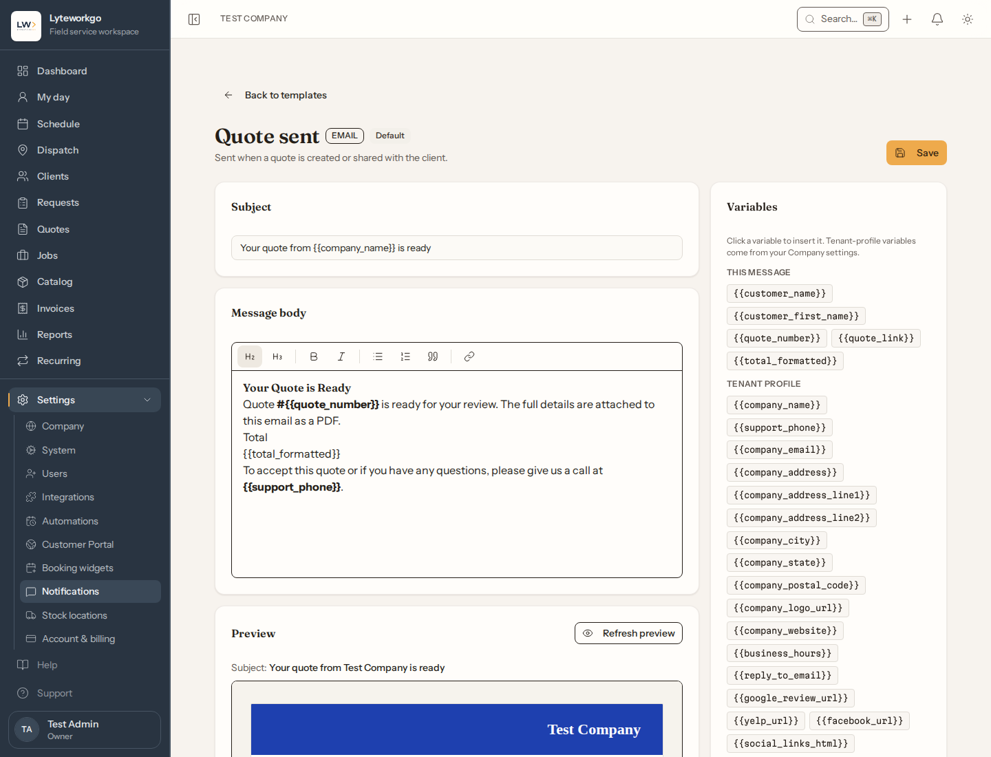 Quote sent email editor with subject, body placeholders, and variables