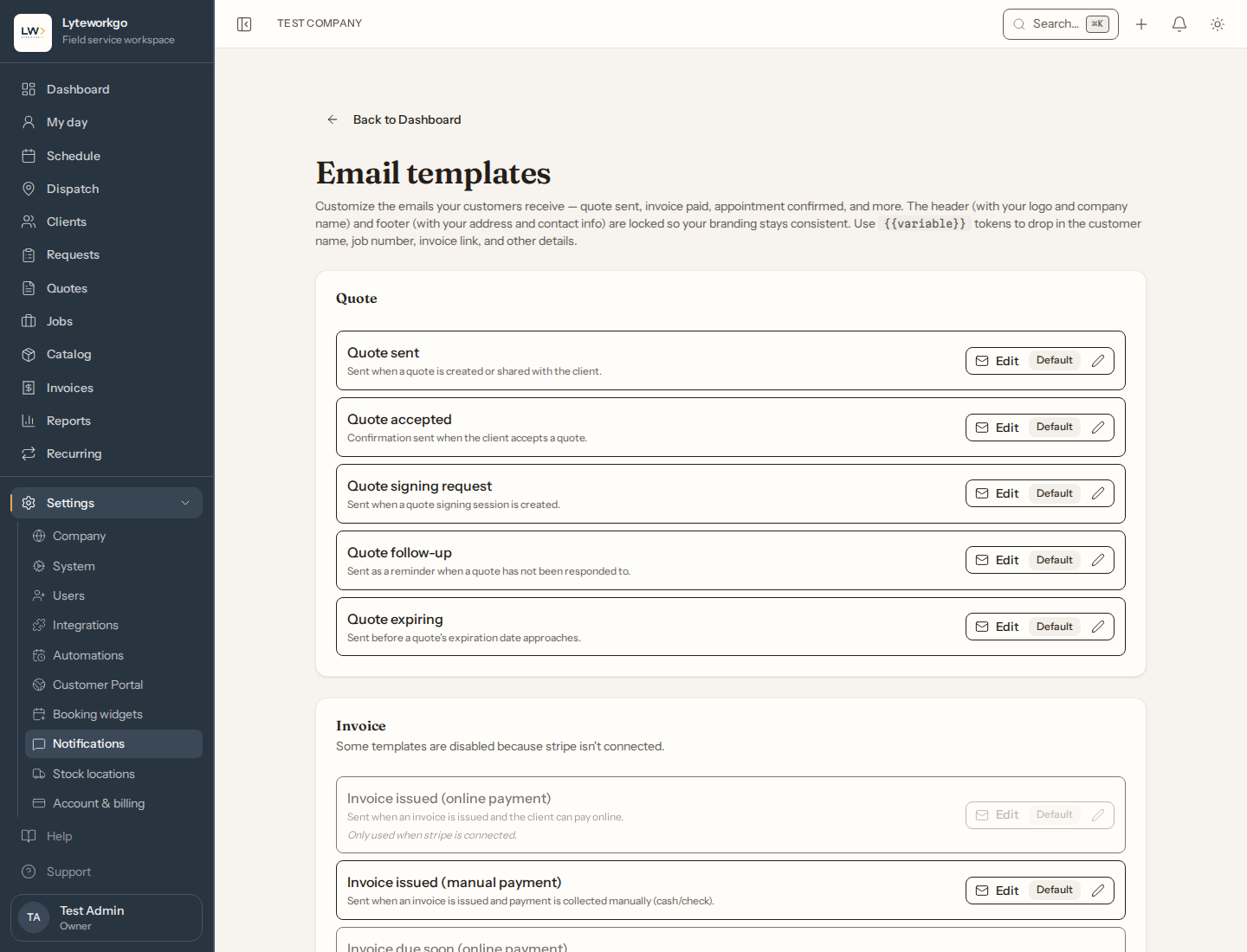 Email templates list grouped under Quote with Default badges and Edit