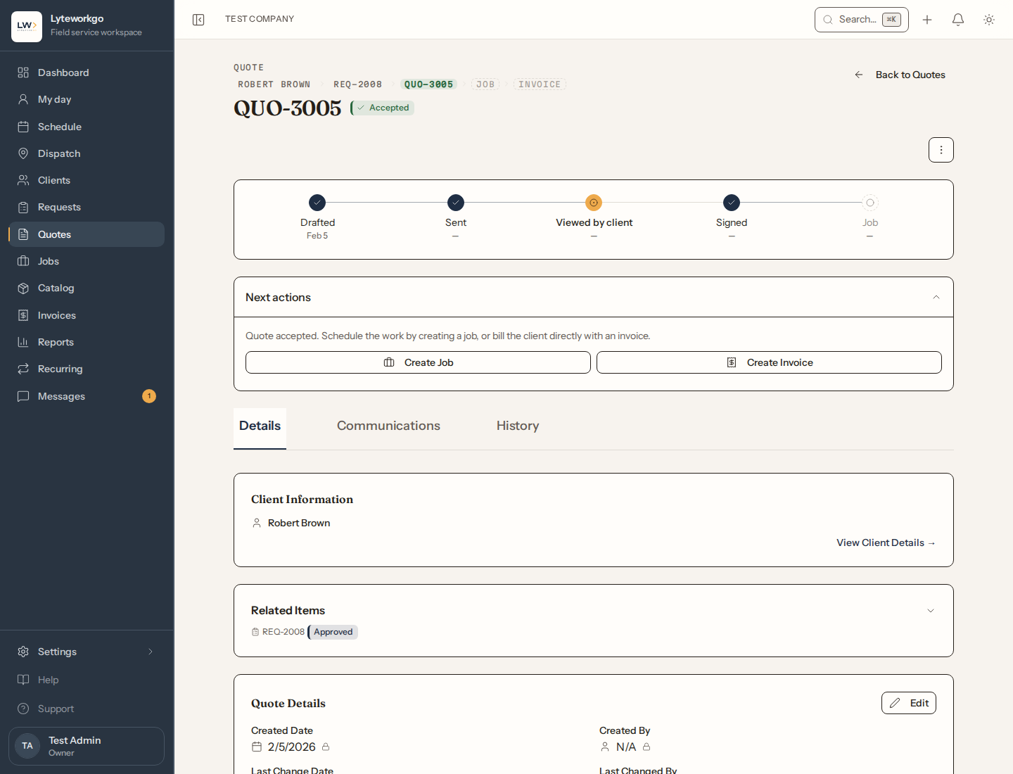 Accepted quote detail with Create Job and Create Invoice