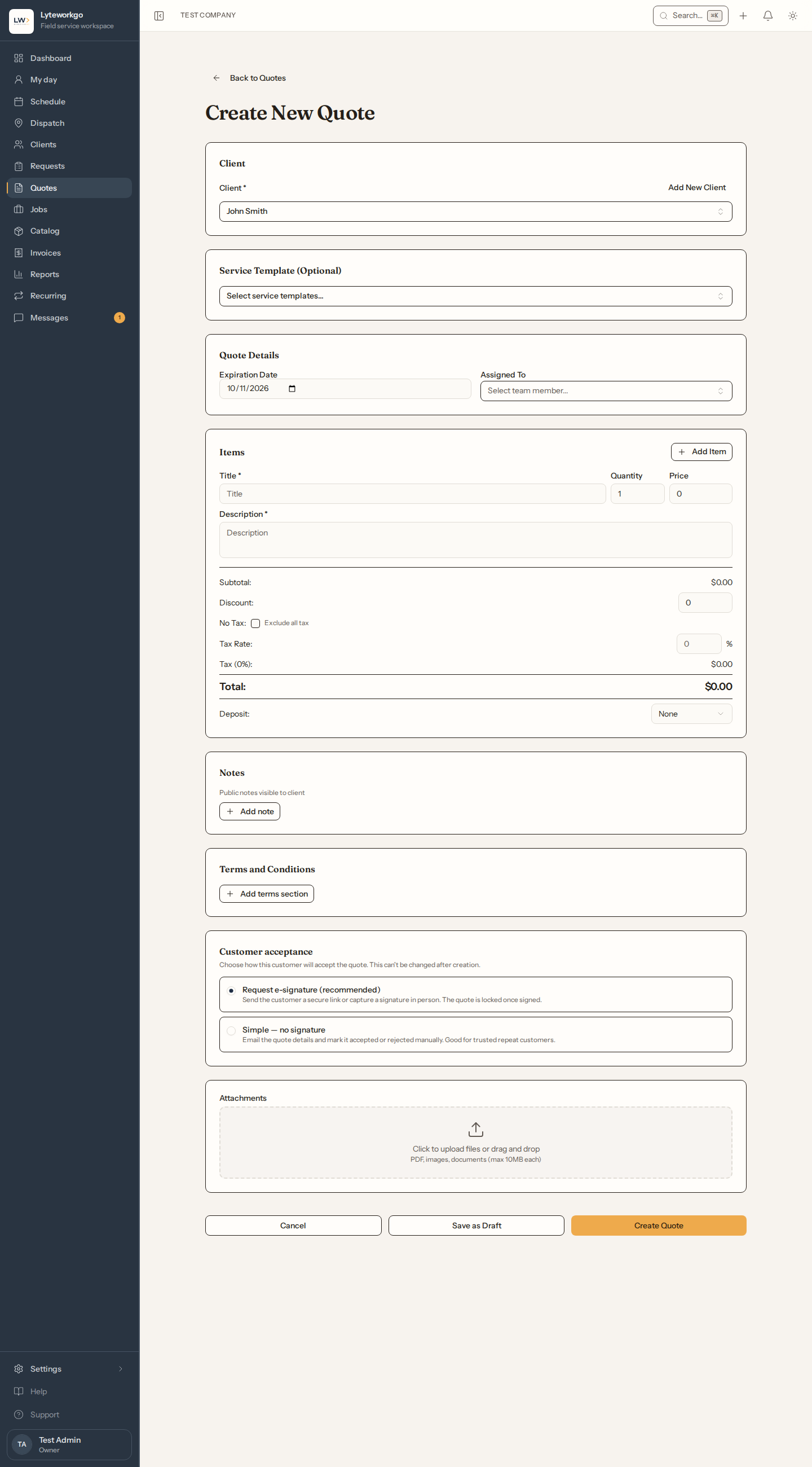 Quote builder with line items, totals, and Save as Draft