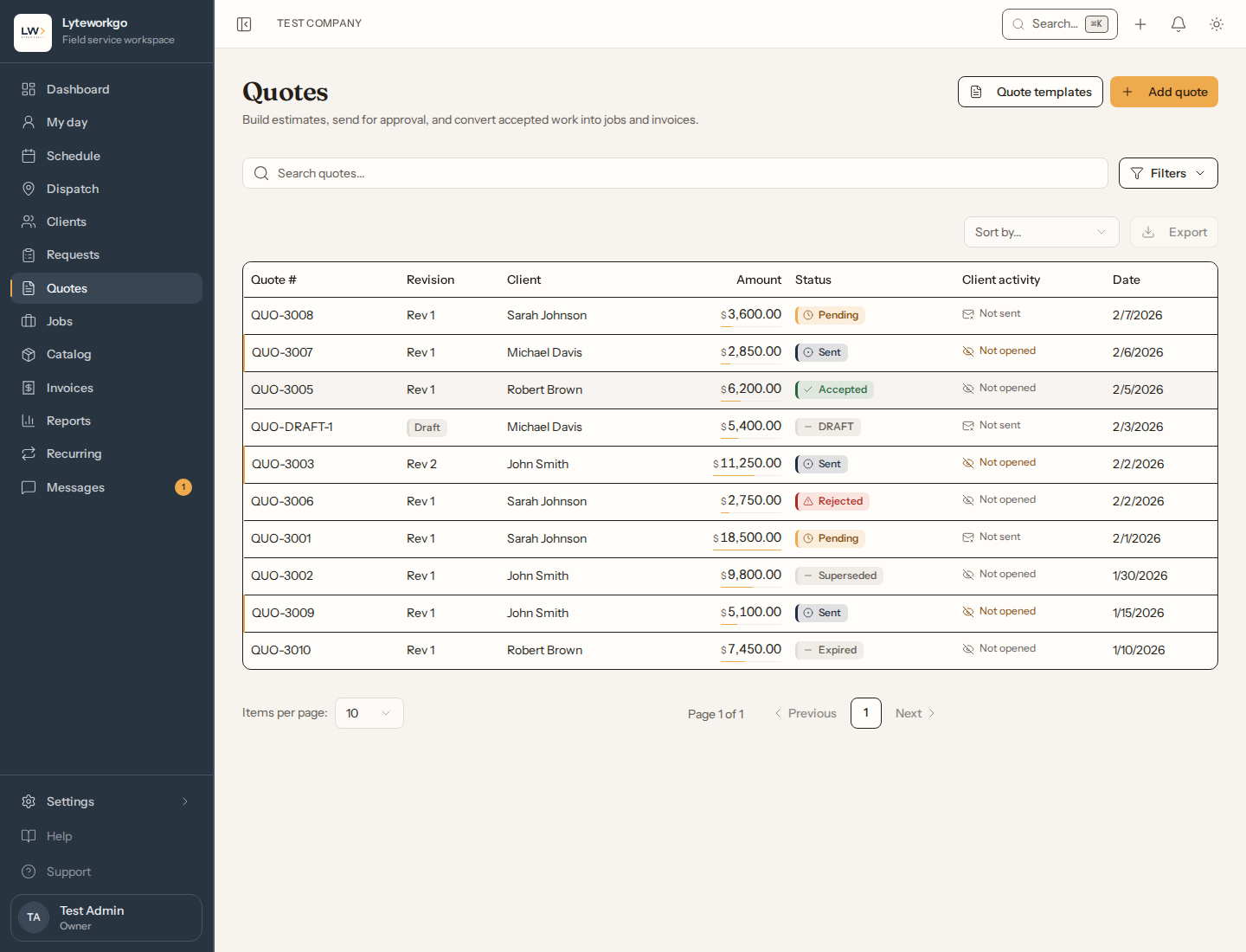 Quotes list with filters, Add quote, and mixed quote statuses