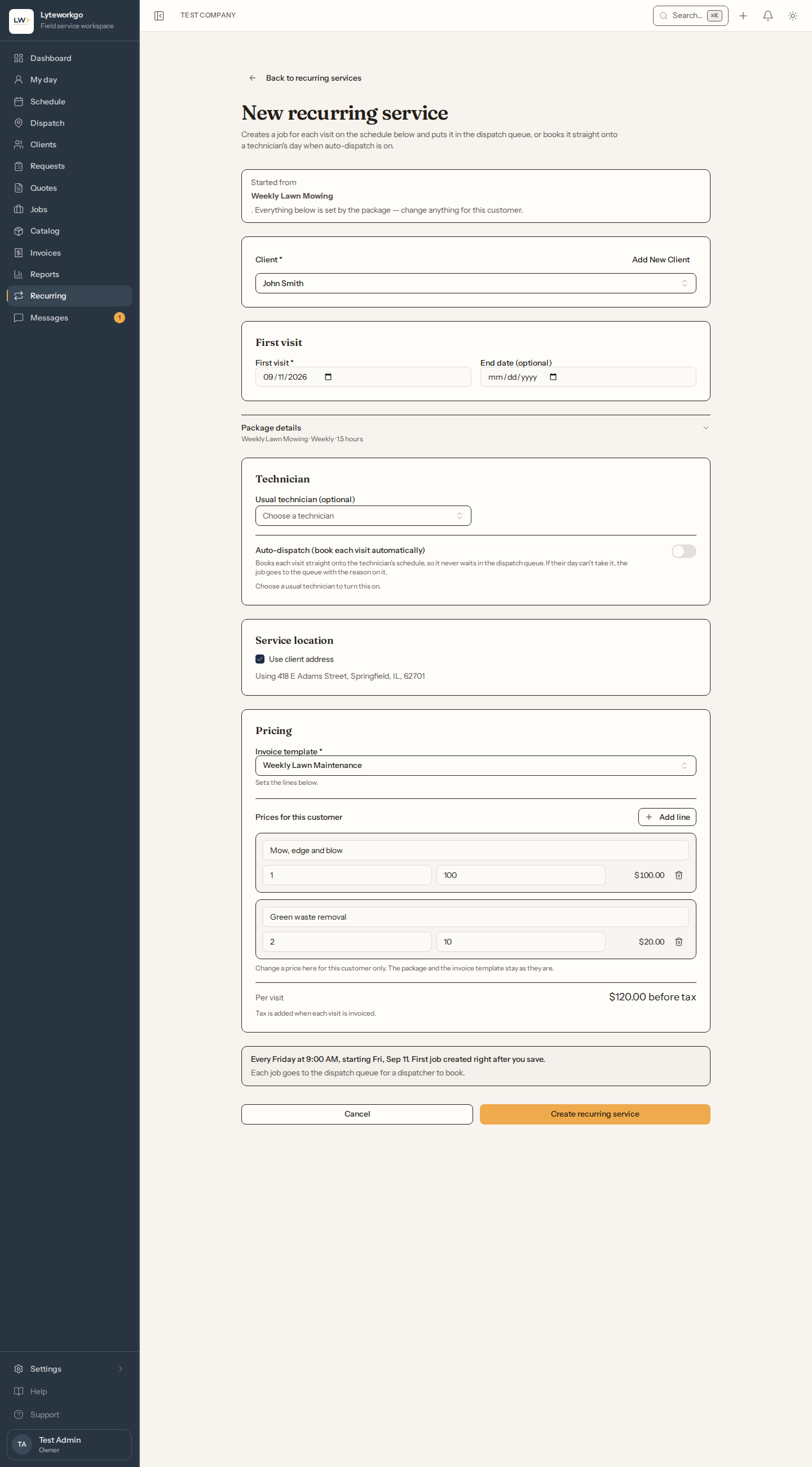 New recurring service form with package, client, first visit, and auto-dispatch