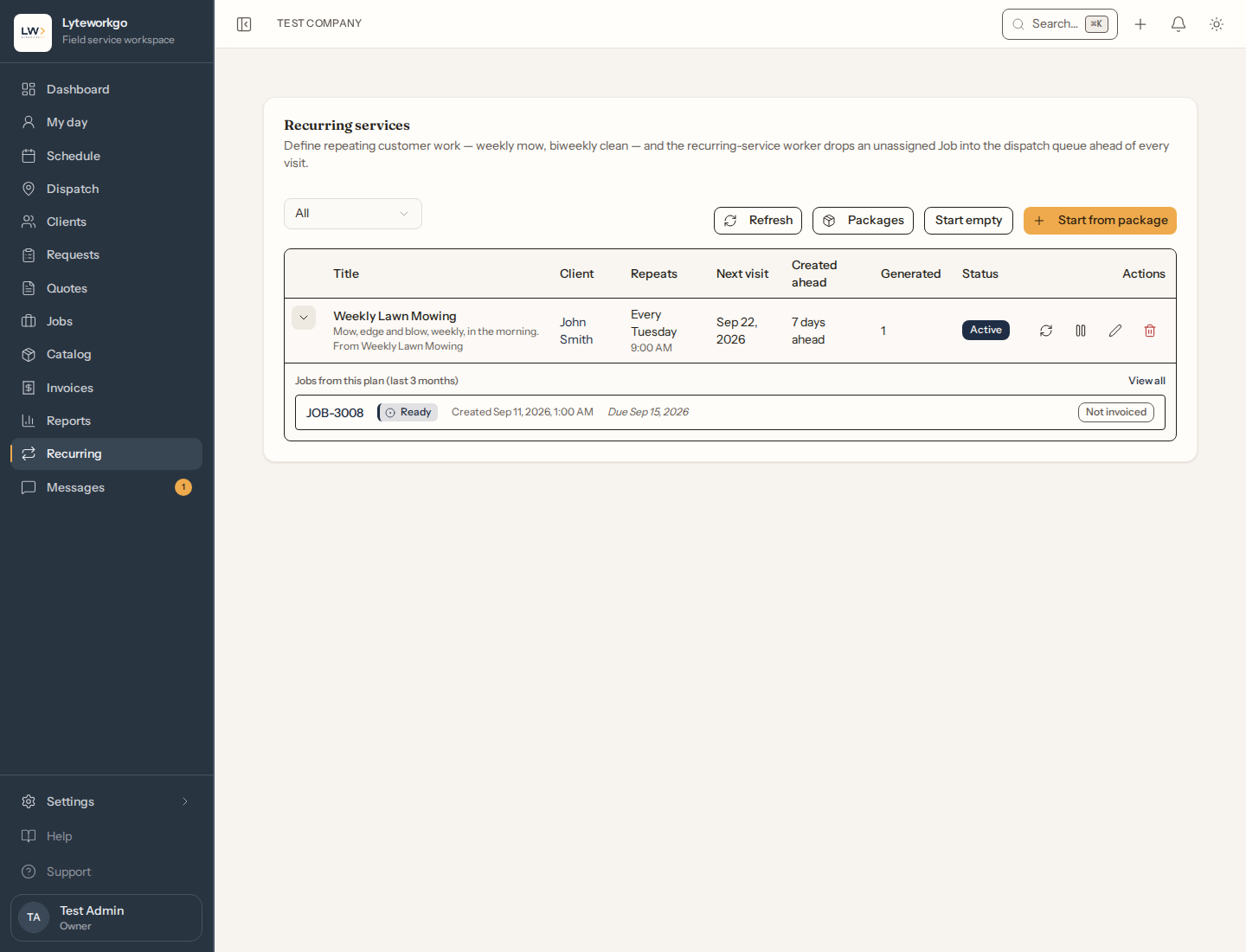 Recurring services list with an expanded Weekly Lawn Mowing plan