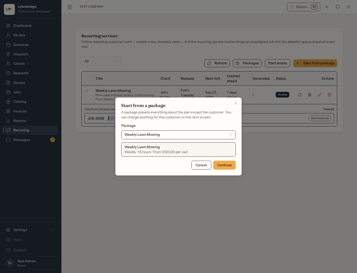 Start from a package dialog with Weekly Lawn Mowing selected and a price summary