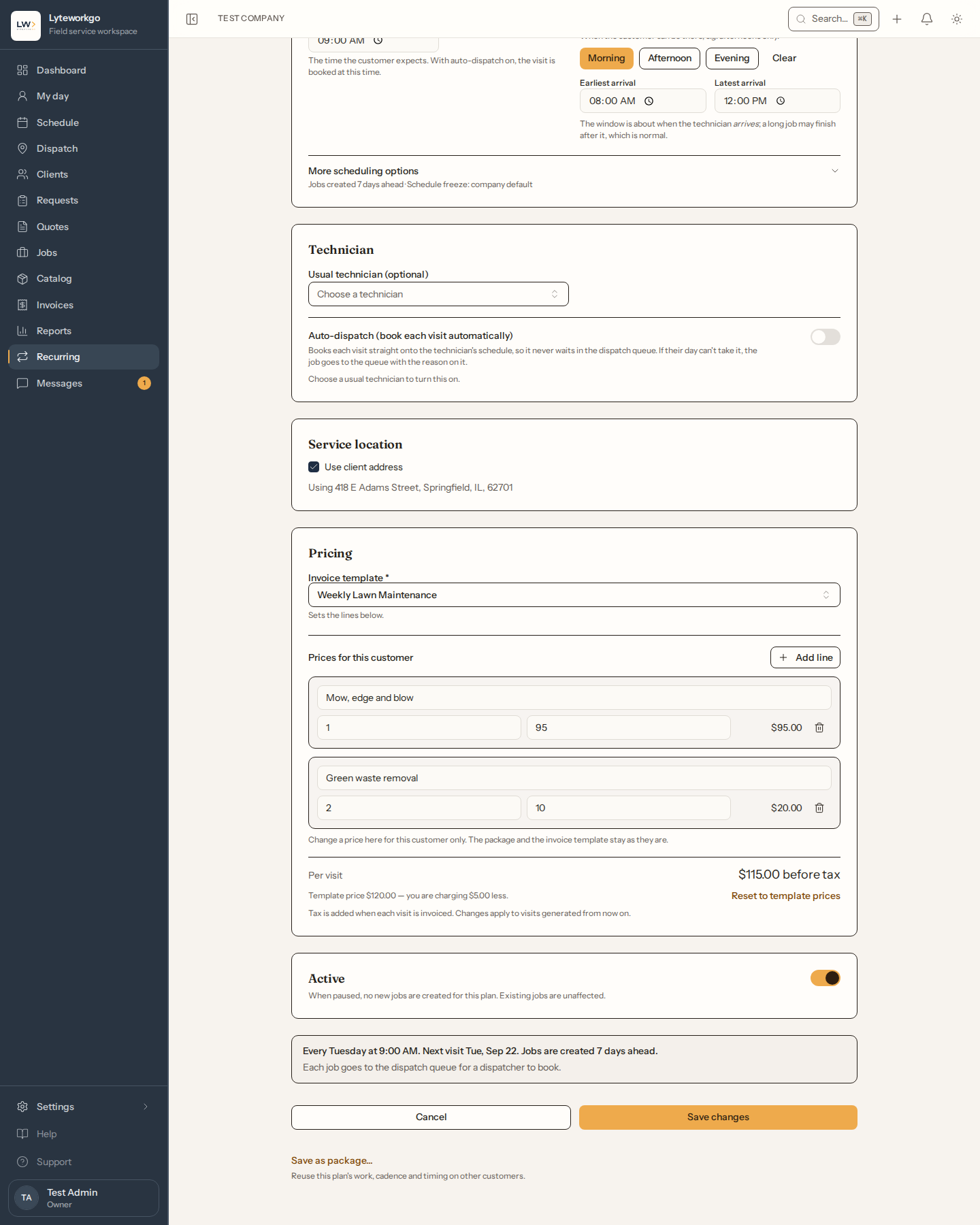Recurring pricing card with edited line prices and charging $5 less than the template