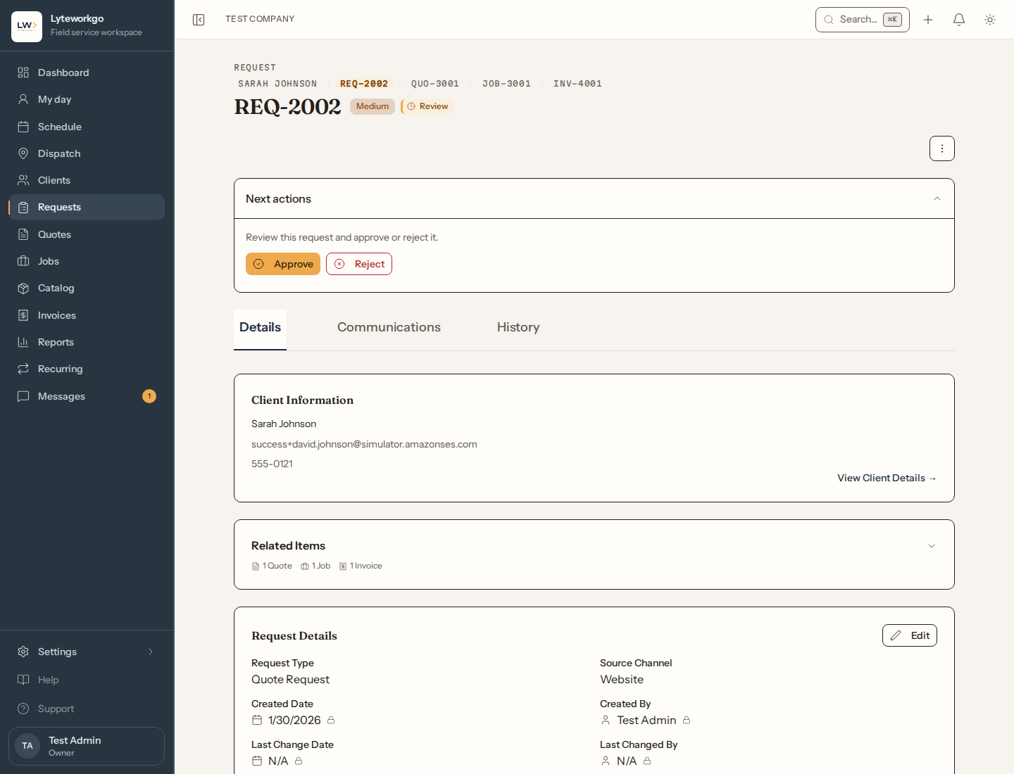 Request in Review status with Approve and Reject buttons