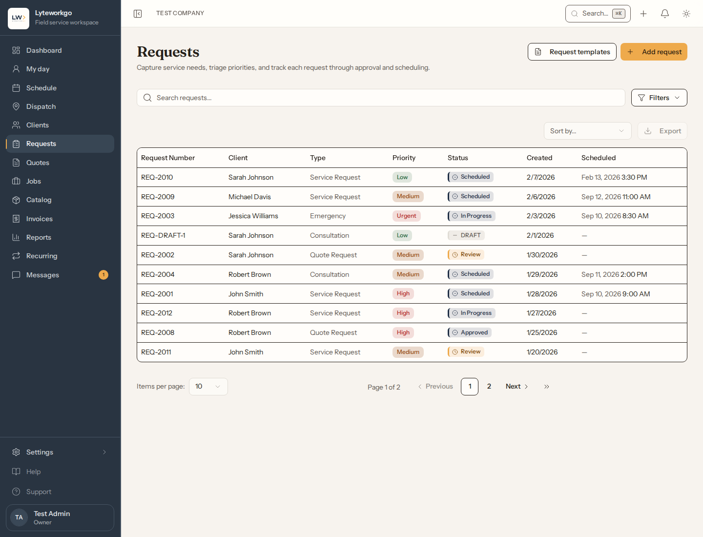 Requests list with filters, Add request, and mixed statuses