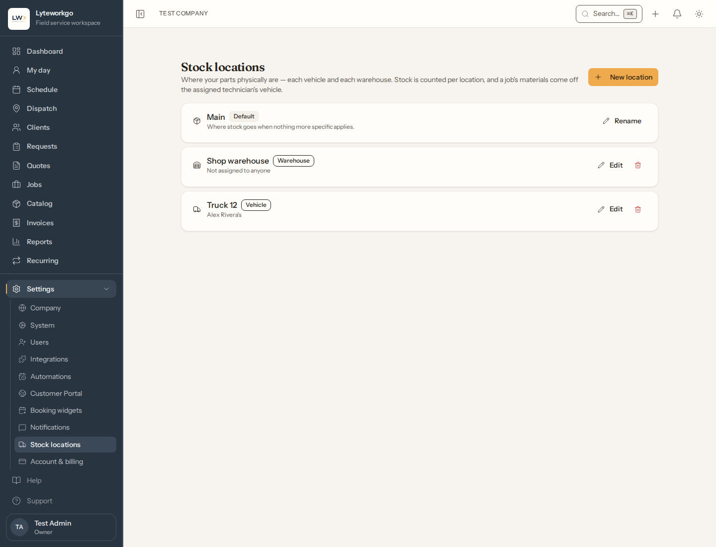 Stock locations list with Main default, Shop warehouse, and Truck 12