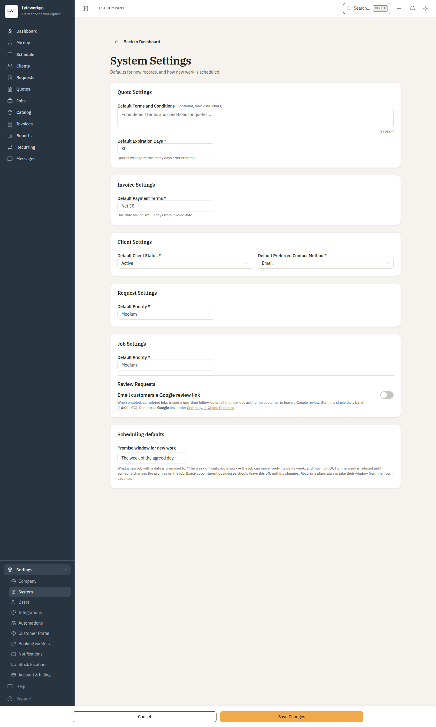 System settings in edit mode with quote, invoice, client, job defaults, Google review toggle, and Scheduling defaults